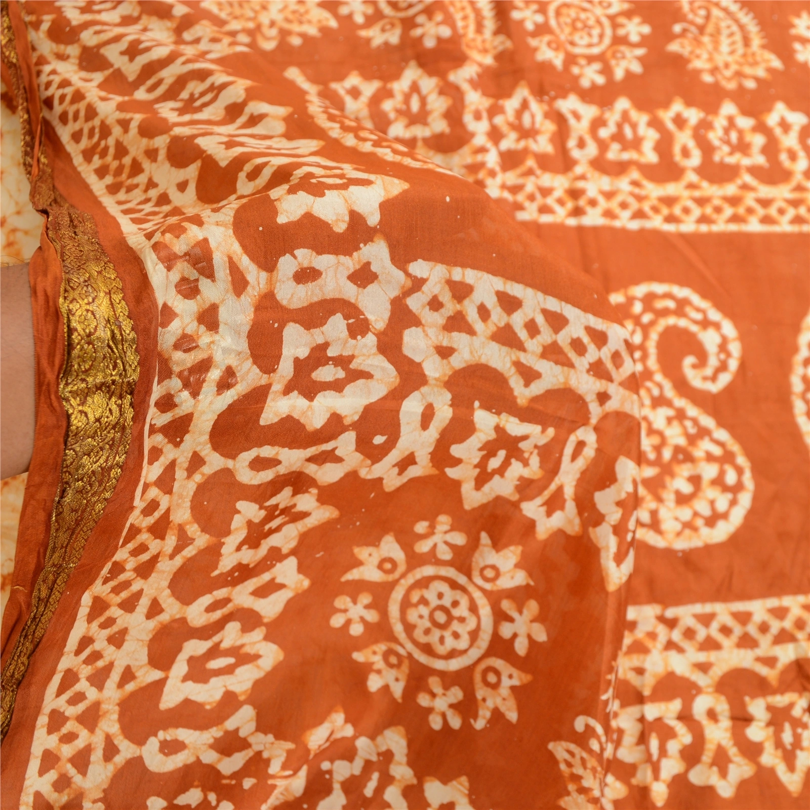 Sanskriti Vintage Sarees Cream Batik Printed Zari Border Pure Silk Sari Fabric, PR-61261-Cream-Printed Floral Design-Pure Silk-5