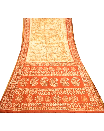 Sanskriti Vintage Sarees Cream Batik Printed Zari Border Pure Silk Sari Fabric, PR-61261-Cream-Printed Floral Design-Pure Silk-7