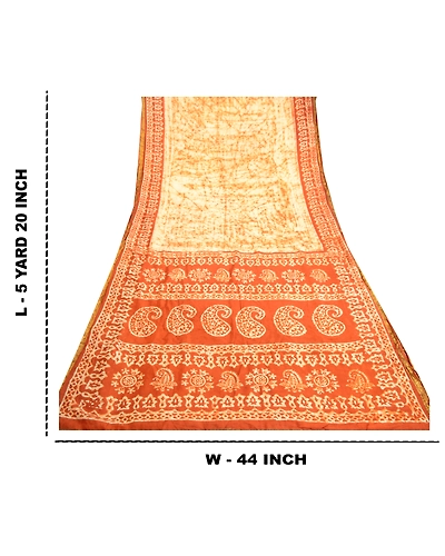 Sanskriti Vintage Sarees Cream Batik Printed Zari Border Pure Silk Sari Fabric, PR-61261-Cream-Printed Floral Design-Pure Silk-8