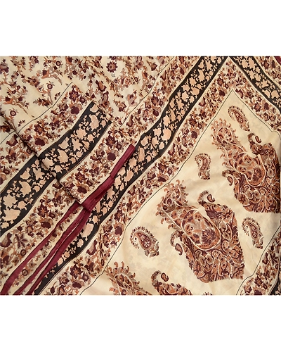 Sanskriti Vintage Sarees Bird Floral Printed Ivory Pure Silk Sari Craft Fabric, PR-61268-Ivory-Printed Floral Design-Pure Silk-1