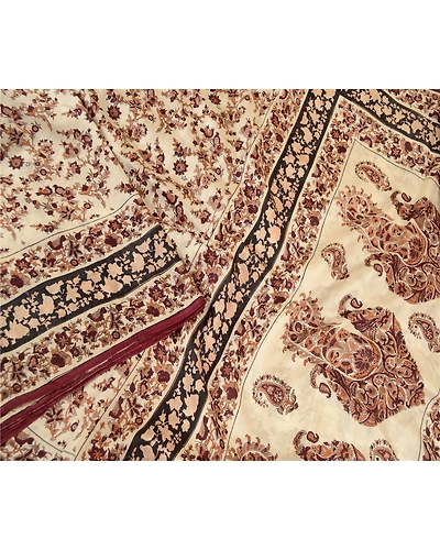 Sanskriti Vintage Sarees Bird Floral Printed Ivory Pure Silk Sari Craft Fabric, PR-61268-Ivory-Printed Floral Design-Pure Silk-2