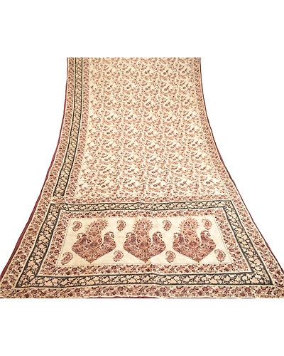 Sanskriti Vintage Sarees Bird Floral Printed Ivory Pure Silk Sari Craft Fabric, PR-61268-Ivory-Printed Floral Design-Pure Silk-7