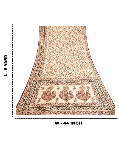 Sanskriti Vintage Sarees Bird Floral Printed Ivory Pure Silk Sari Craft Fabric, PR-61268-Ivory-Printed Floral Design-Pure Silk-8