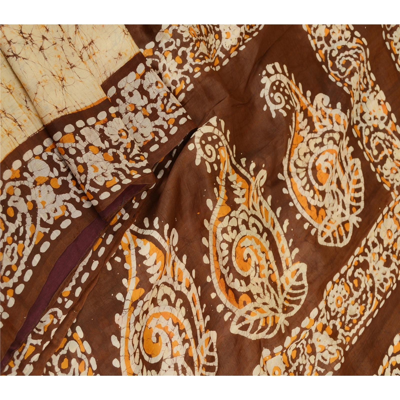 Sanskriti Vintage Sarees Indian Cream Batik Printed Pure Silk Sari Craft Fabric, PR-61271-Cream-Printed Floral Design-Pure Silk-1