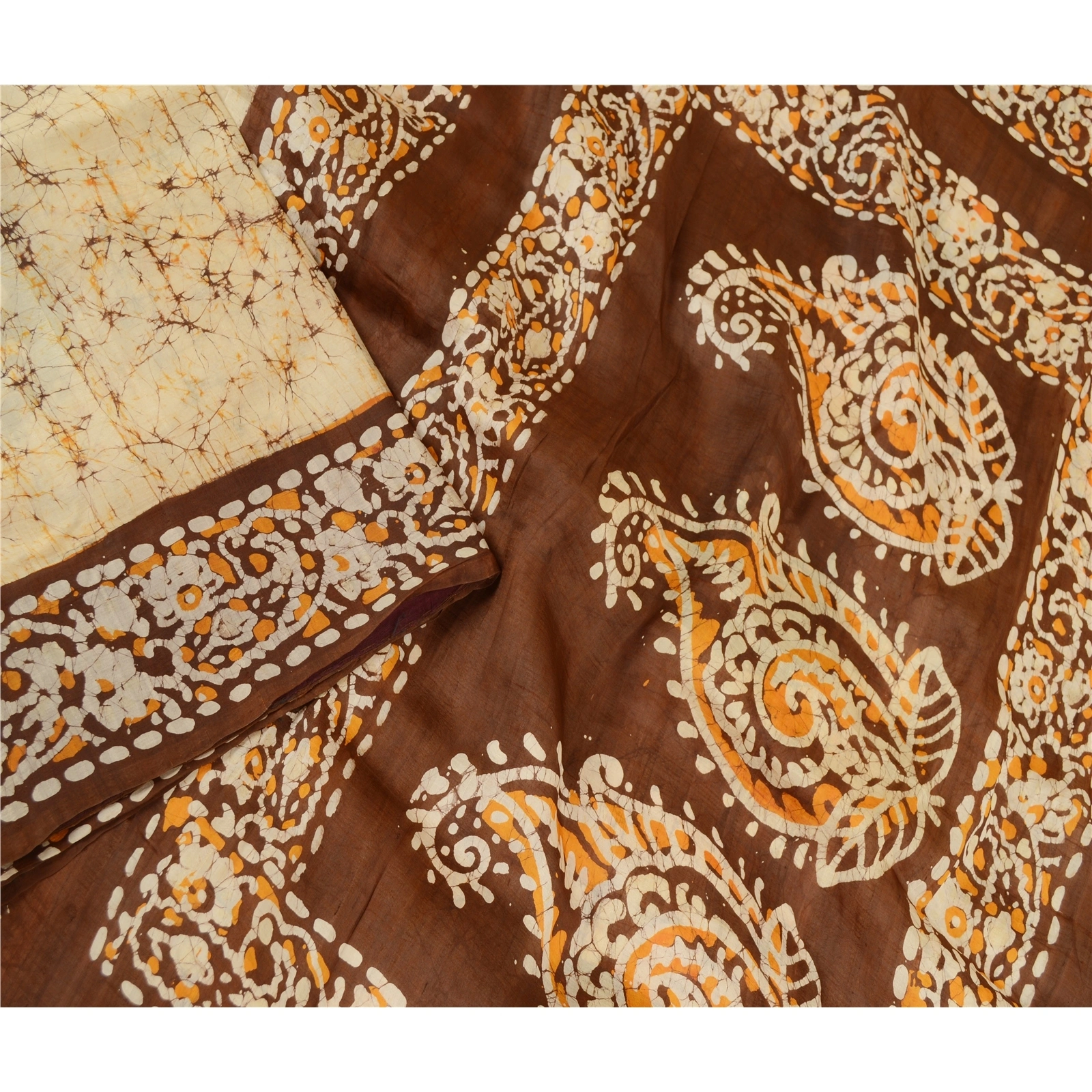 Sanskriti Vintage Sarees Indian Cream Batik Printed Pure Silk Sari Craft Fabric, PR-61271-Cream-Printed Floral Design-Pure Silk-2