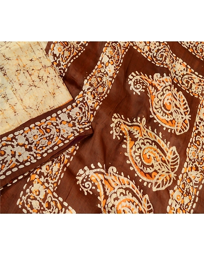 Sanskriti Vintage Sarees Indian Cream Batik Printed Pure Silk Sari Craft Fabric, PR-61271-Cream-Printed Floral Design-Pure Silk-2