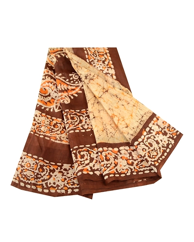 Sanskriti Vintage Sarees Indian Cream Batik Printed Pure Silk Sari Craft Fabric, PR-61271-Cream-Printed Floral Design-Pure Silk-6