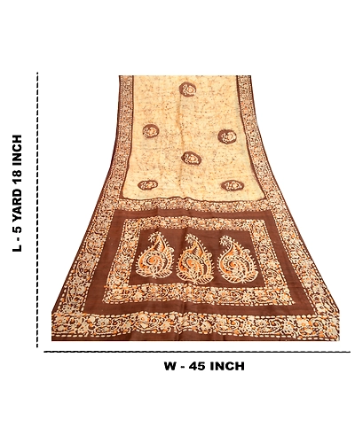 Sanskriti Vintage Sarees Indian Cream Batik Printed Pure Silk Sari Craft Fabric, PR-61271-Cream-Printed Floral Design-Pure Silk-8