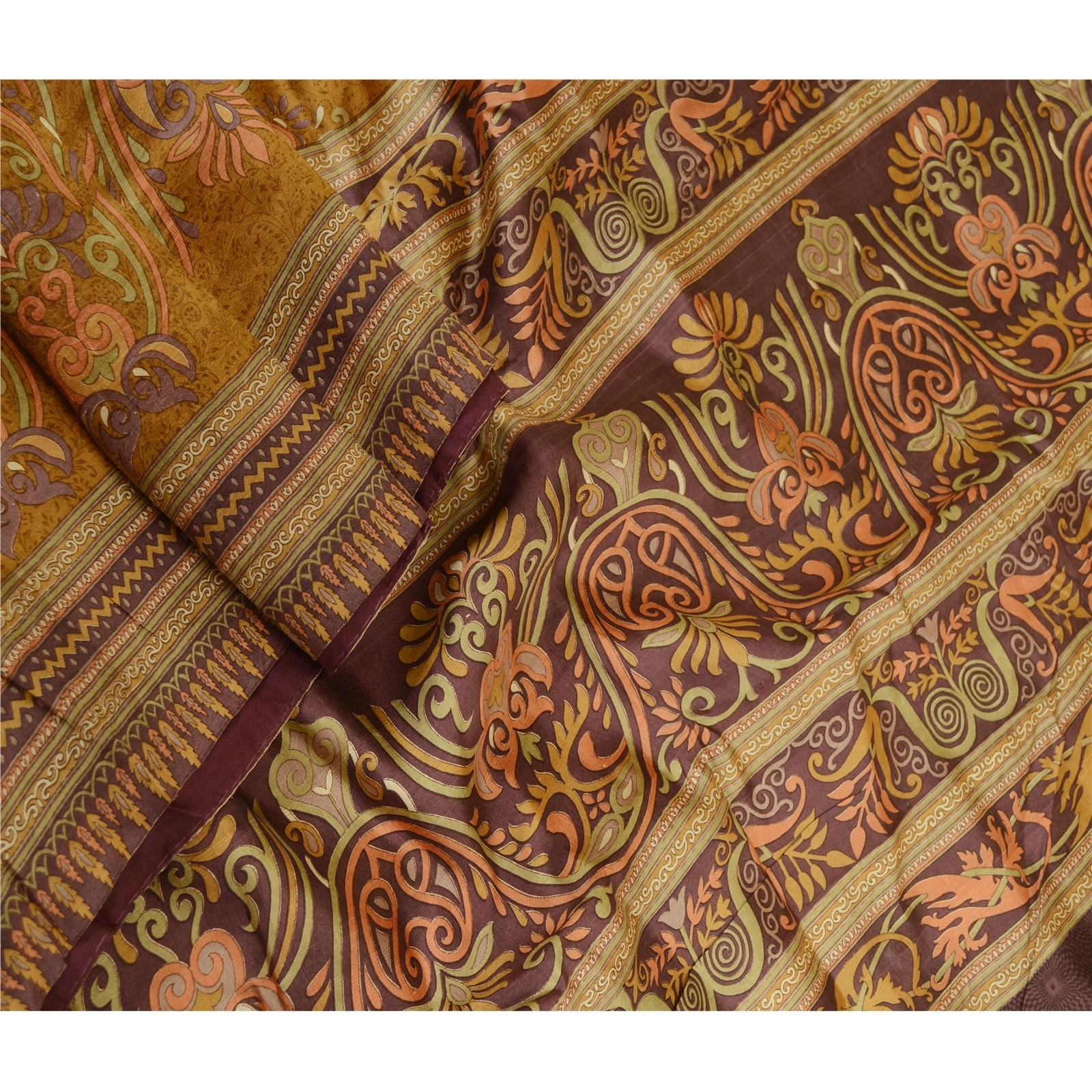 Sanskriti Vintage Sarees Brown Indian Pure Silk Printed Sari 5Yd Craft Fabric, PR-61273-Brown-Printed Floral Design-Pure Silk-1