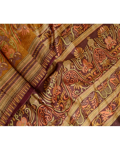 Sanskriti Vintage Sarees Brown Indian Pure Silk Printed Sari 5Yd Craft Fabric, PR-61273-Brown-Printed Floral Design-Pure Silk-1