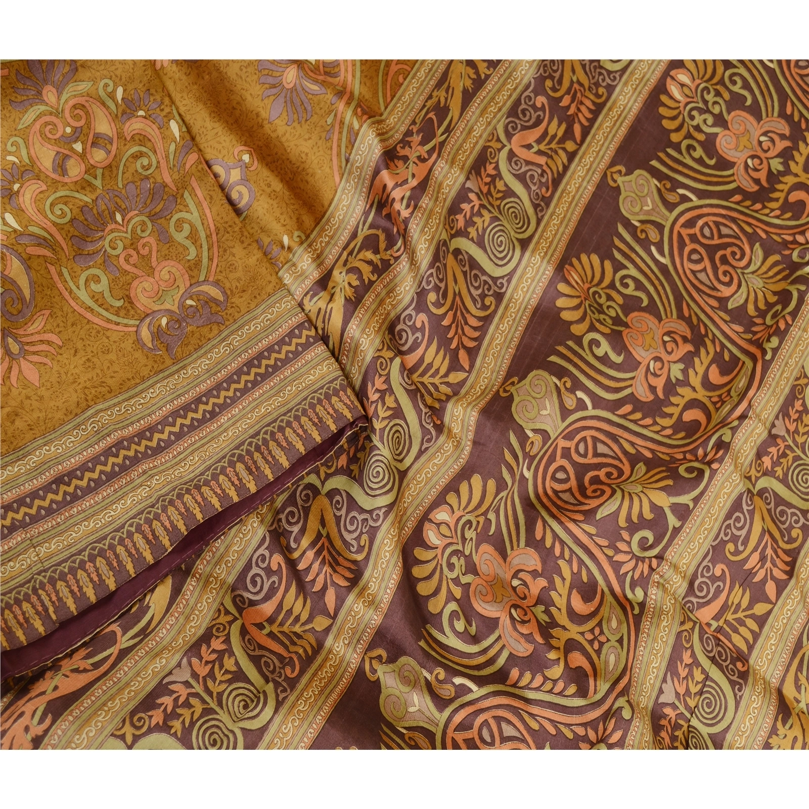 Sanskriti Vintage Sarees Brown Indian Pure Silk Printed Sari 5Yd Craft Fabric, PR-61273-Brown-Printed Floral Design-Pure Silk-2