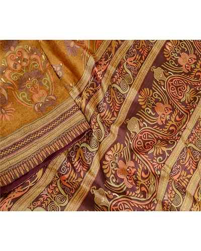 Sanskriti Vintage Sarees Brown Indian Pure Silk Printed Sari 5Yd Craft Fabric, PR-61273-Brown-Printed Floral Design-Pure Silk-2