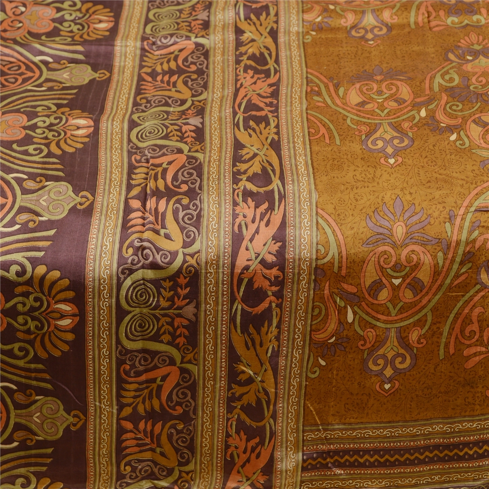 Sanskriti Vintage Sarees Brown Indian Pure Silk Printed Sari 5Yd Craft Fabric, PR-61273-Brown-Printed Floral Design-Pure Silk-3