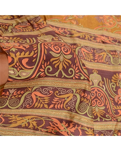 Sanskriti Vintage Sarees Brown Indian Pure Silk Printed Sari 5Yd Craft Fabric, PR-61273-Brown-Printed Floral Design-Pure Silk-5