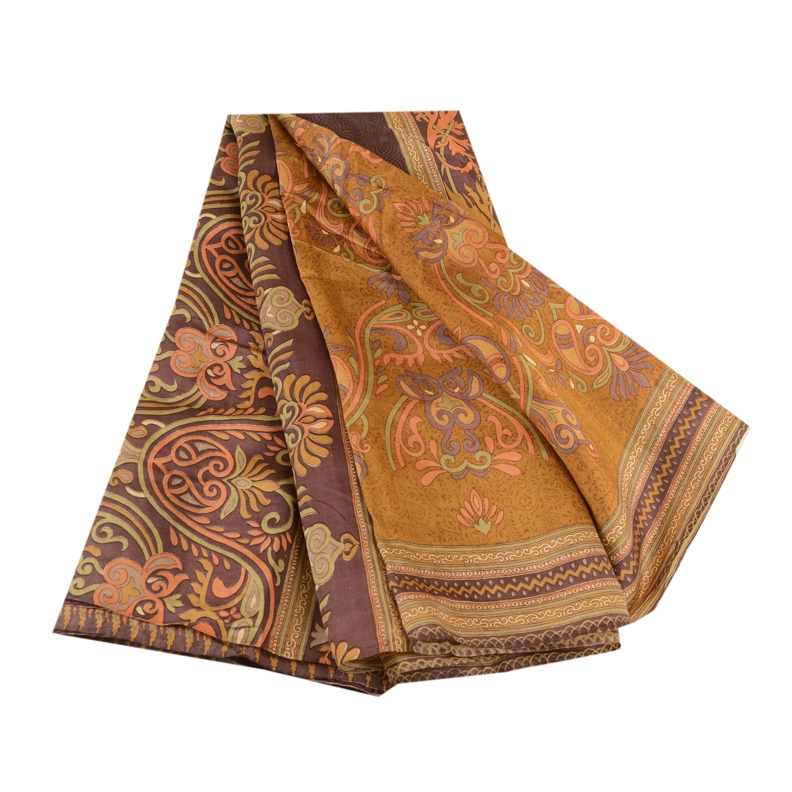 Sanskriti Vintage Sarees Brown Indian Pure Silk Printed Sari 5Yd Craft Fabric, PR-61273-Brown-Printed Floral Design-Pure Silk-6