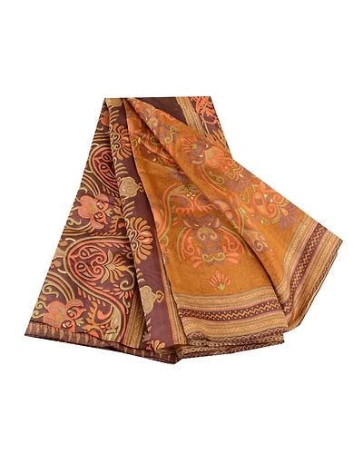 Sanskriti Vintage Sarees Brown Indian Pure Silk Printed Sari 5Yd Craft Fabric, PR-61273-Brown-Printed Floral Design-Pure Silk-6