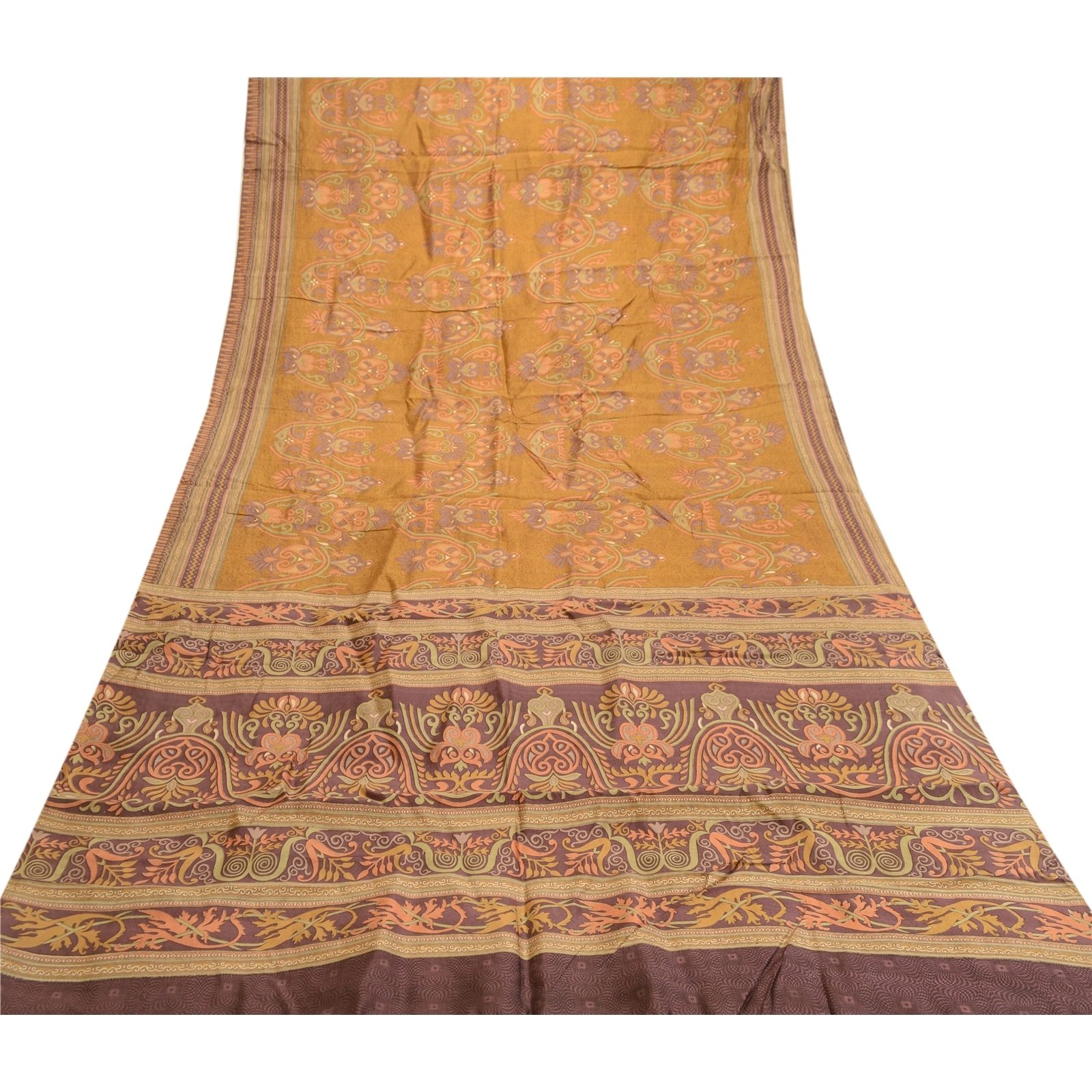 Sanskriti Vintage Sarees Brown Indian Pure Silk Printed Sari 5Yd Craft Fabric, PR-61273-Brown-Printed Floral Design-Pure Silk-7