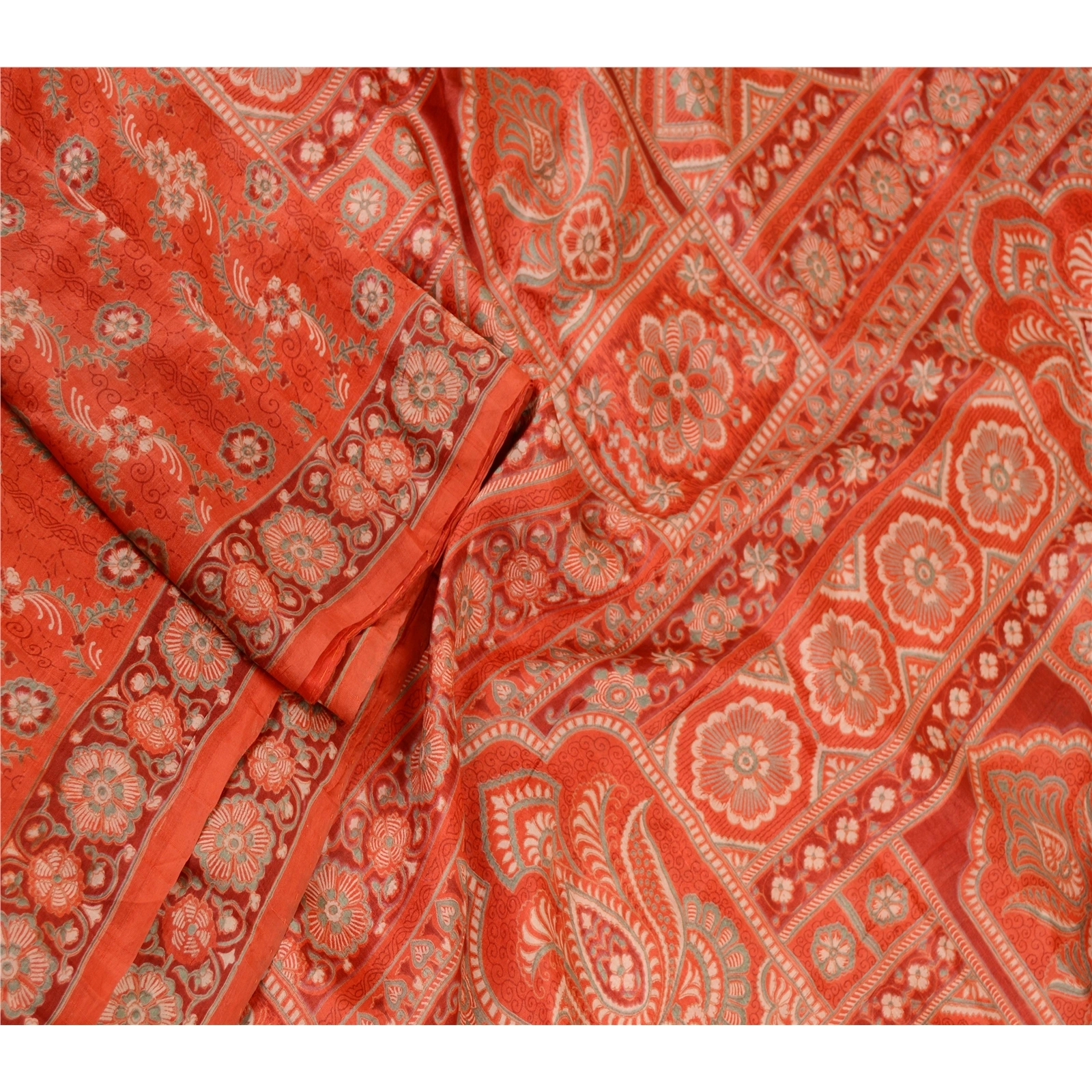 Sanskriti Vintage Sarees Red Indian Pure Silk Printed Sari Soft 5Yd Craft Fabric, PR-61279-Red-Printed Floral Design-Pure Silk-1