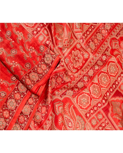 Sanskriti Vintage Sarees Red Indian Pure Silk Printed Sari Soft 5Yd Craft Fabric, PR-61279-Red-Printed Floral Design-Pure Silk-1