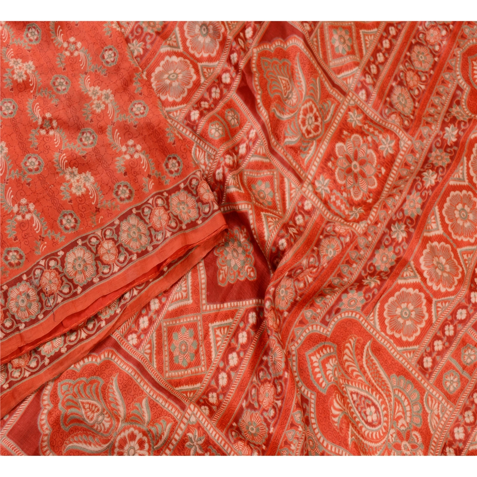 Sanskriti Vintage Sarees Red Indian Pure Silk Printed Sari Soft 5Yd Craft Fabric, PR-61279-Red-Printed Floral Design-Pure Silk-2