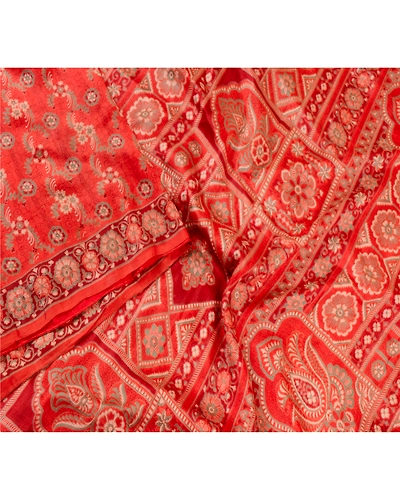 Sanskriti Vintage Sarees Red Indian Pure Silk Printed Sari Soft 5Yd Craft Fabric, PR-61279-Red-Printed Floral Design-Pure Silk-2