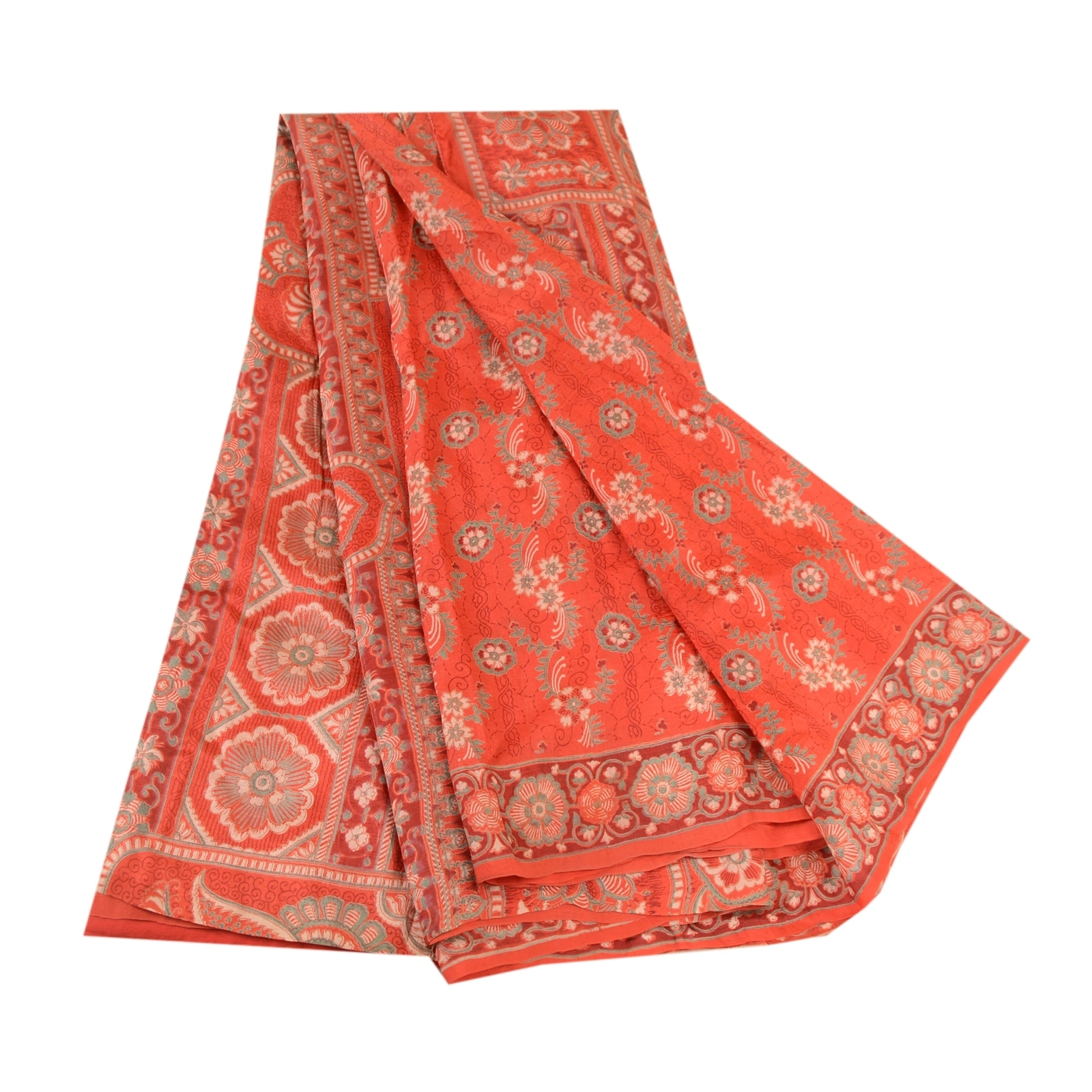 Sanskriti Vintage Sarees Red Indian Pure Silk Printed Sari Soft 5Yd Craft Fabric, PR-61279-Red-Printed Floral Design-Pure Silk-6