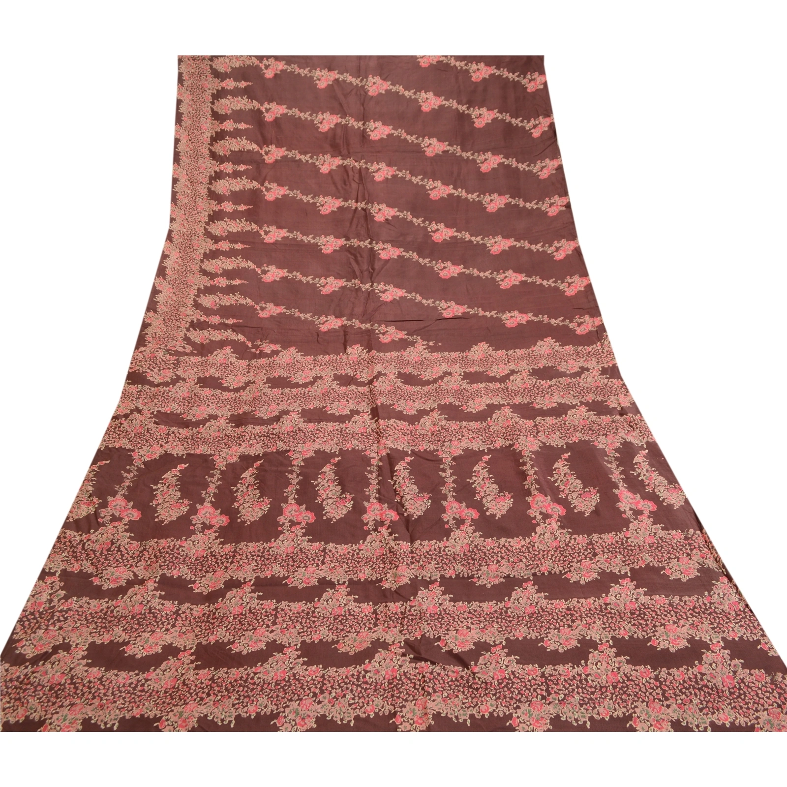 Sanskriti Vintage Sarees Indian Brown Printed Pure Silk Sari Floral Craft Fabric, PR-61290-Brown-Printed Floral Design-Pure Silk-7