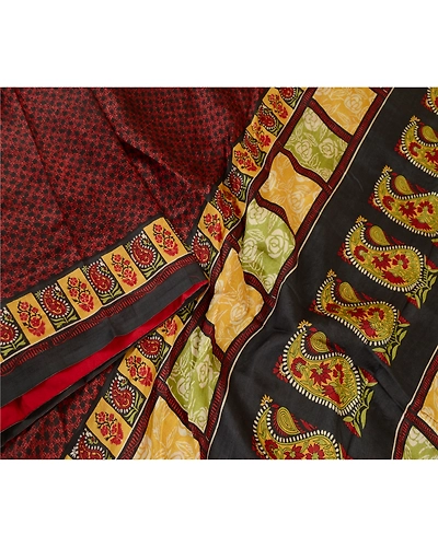 Sanskriti Vintage Sarees Black From India Pure Silk Printed Sari Craft Fabric, PR-61304-Black-Printed Floral Design-Pure Silk-2