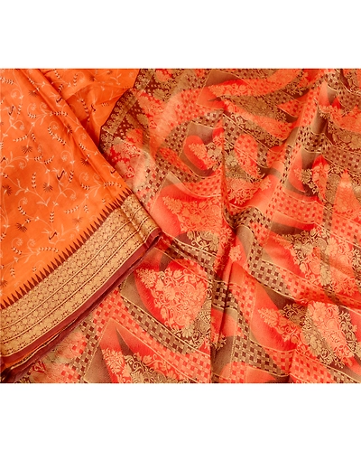 Sanskriti Vintage Sarees Orange Pure Silk Woven Printed Sari Floral Craft Fabric, PR-61319-Orange-Printed Floral Design-Pure Silk-2