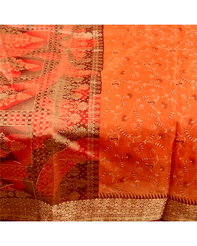 Sanskriti Vintage Sarees Orange Pure Silk Woven Printed Sari Floral Craft Fabric, PR-61319-Orange-Printed Floral Design-Pure Silk-3