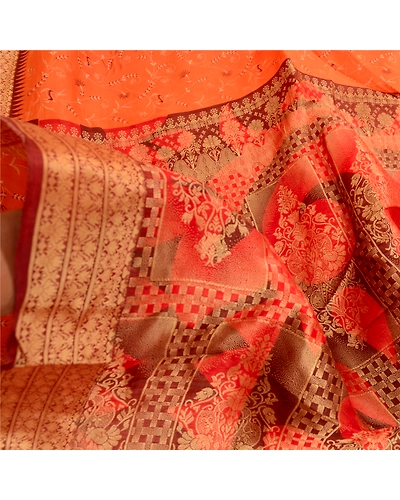 Sanskriti Vintage Sarees Orange Pure Silk Woven Printed Sari Floral Craft Fabric, PR-61319-Orange-Printed Floral Design-Pure Silk-5