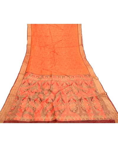 Sanskriti Vintage Sarees Orange Pure Silk Woven Printed Sari Floral Craft Fabric, PR-61319-Orange-Printed Floral Design-Pure Silk-7