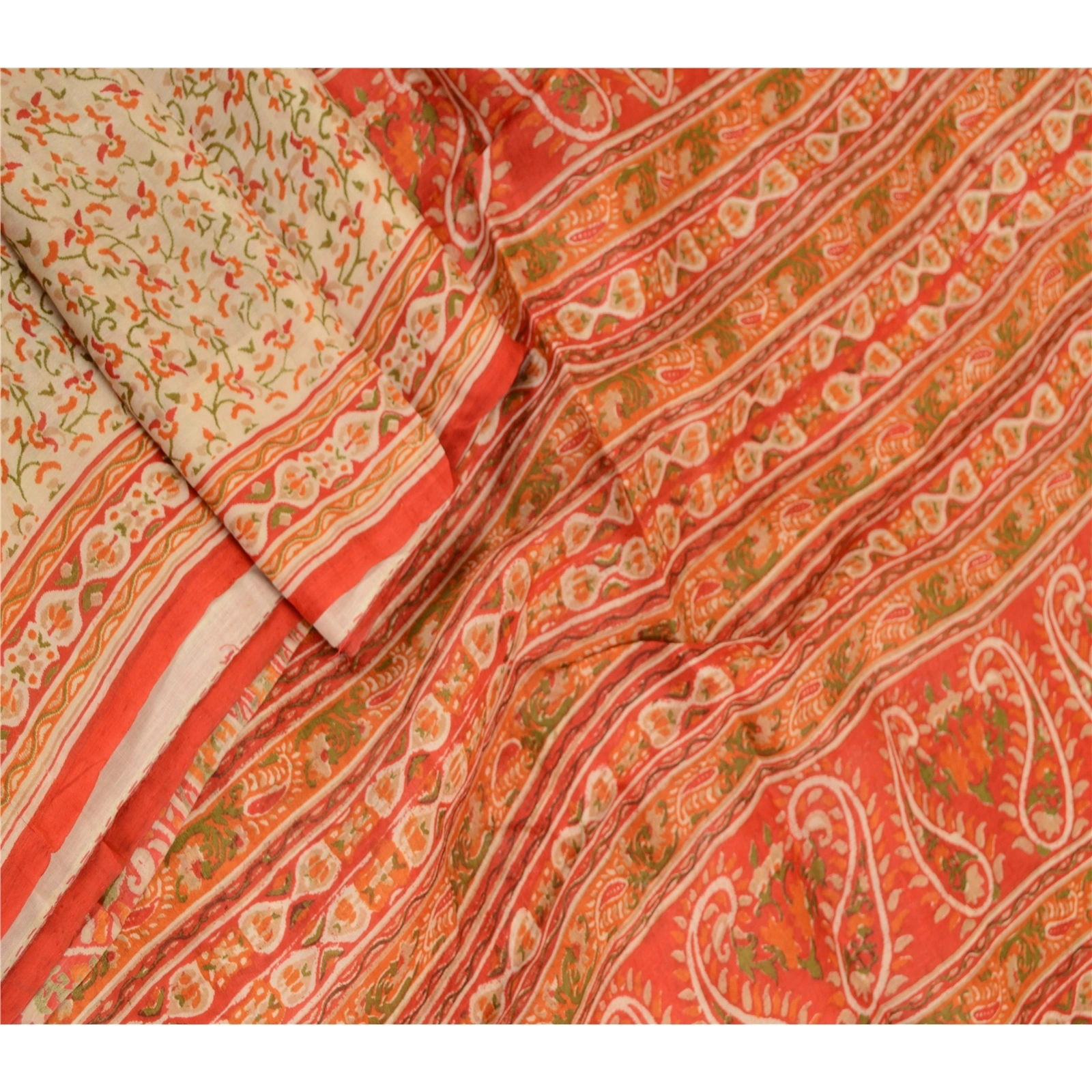 Sanskriti Vintage Sarees Cream Indian Cream Pure Silk Printed Sari Craft Fabric, PR-61323-Cream-Printed Floral Design-Pure Silk-1