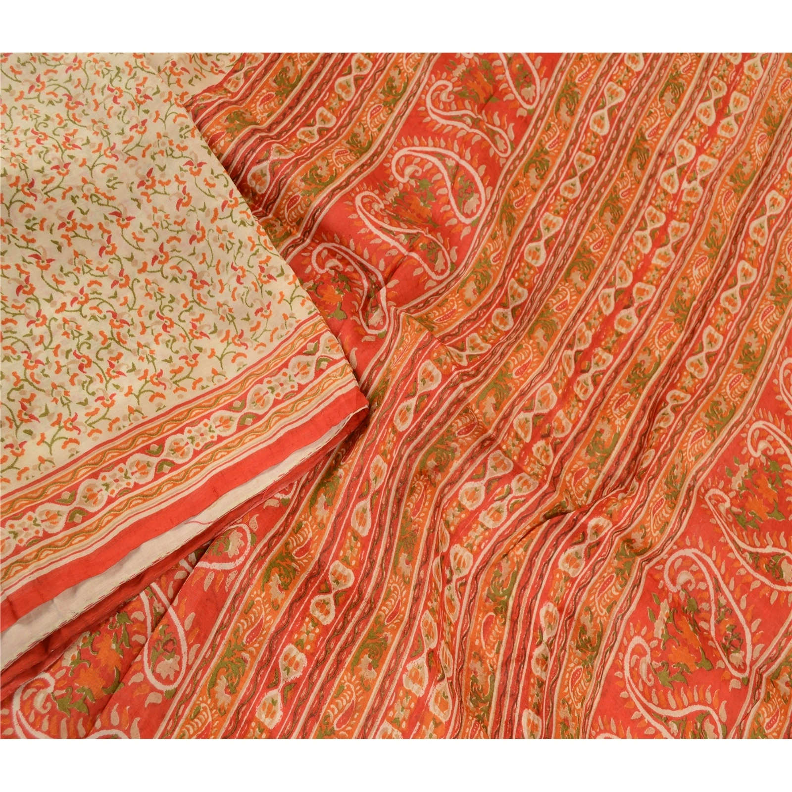 Sanskriti Vintage Sarees Cream Indian Cream Pure Silk Printed Sari Craft Fabric, PR-61323-Cream-Printed Floral Design-Pure Silk-2