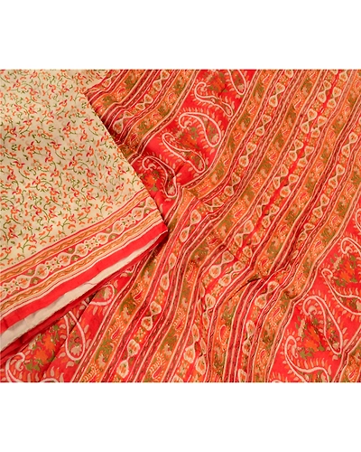 Sanskriti Vintage Sarees Cream Indian Cream Pure Silk Printed Sari Craft Fabric, PR-61323-Cream-Printed Floral Design-Pure Silk-2