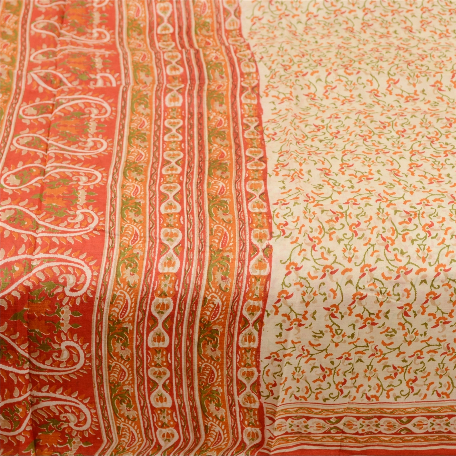 Sanskriti Vintage Sarees Cream Indian Cream Pure Silk Printed Sari Craft Fabric, PR-61323-Cream-Printed Floral Design-Pure Silk-3