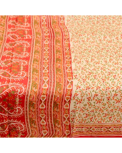 Sanskriti Vintage Sarees Cream Indian Cream Pure Silk Printed Sari Craft Fabric, PR-61323-Cream-Printed Floral Design-Pure Silk-3