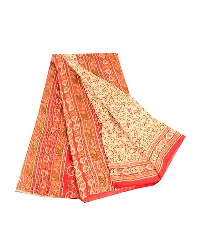 Sanskriti Vintage Sarees Cream Indian Cream Pure Silk Printed Sari Craft Fabric, PR-61323-Cream-Printed Floral Design-Pure Silk-6