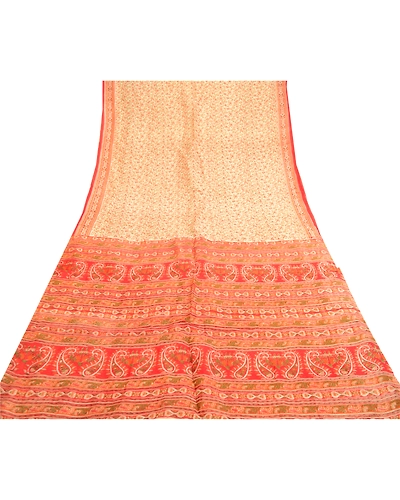 Sanskriti Vintage Sarees Cream Indian Cream Pure Silk Printed Sari Craft Fabric, PR-61323-Cream-Printed Floral Design-Pure Silk-7