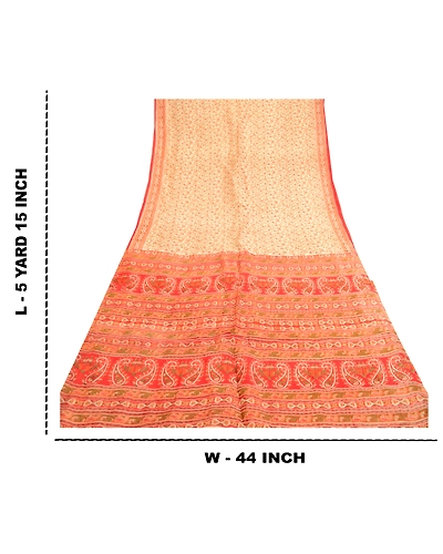 Sanskriti Vintage Sarees Cream Indian Cream Pure Silk Printed Sari Craft Fabric, PR-61323-Cream-Printed Floral Design-Pure Silk-8