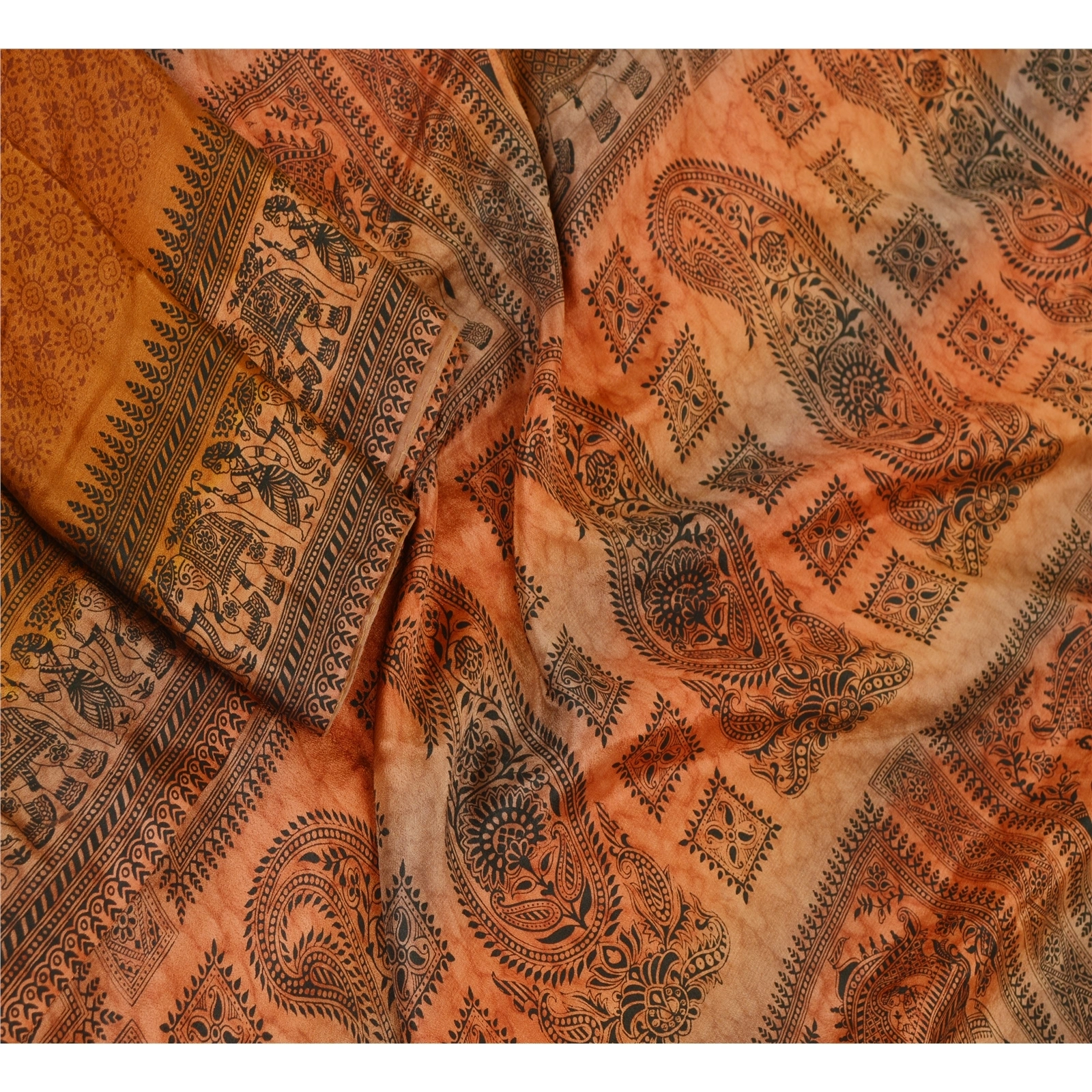 Sanskriti Vintage Sarees Saffron Baluchari Printed Pure Silk Sari Craft Fabric, PR-61330-Saffron-Printed Floral Design-Pure Silk-1