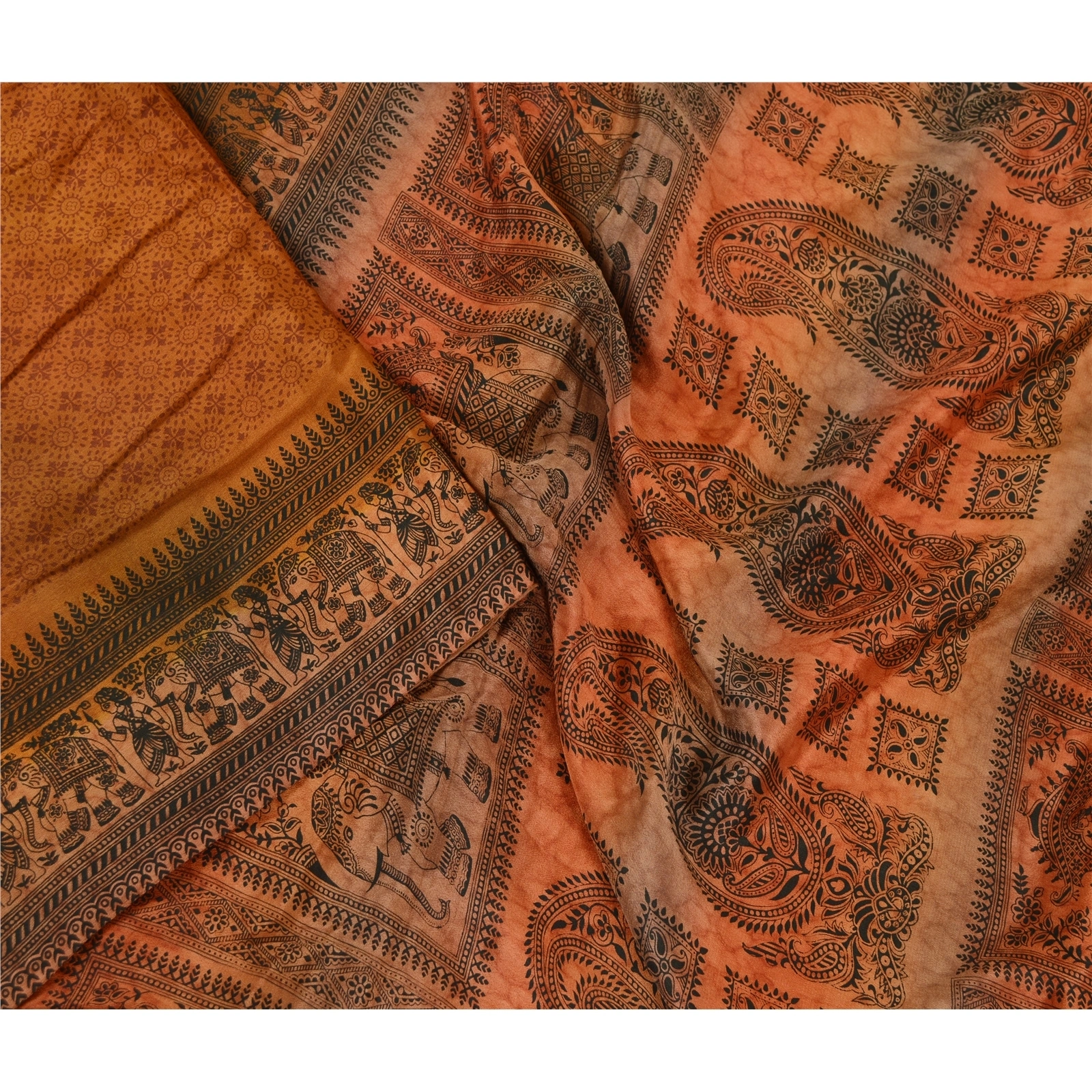 Sanskriti Vintage Sarees Saffron Baluchari Printed Pure Silk Sari Craft Fabric, PR-61330-Saffron-Printed Floral Design-Pure Silk-2