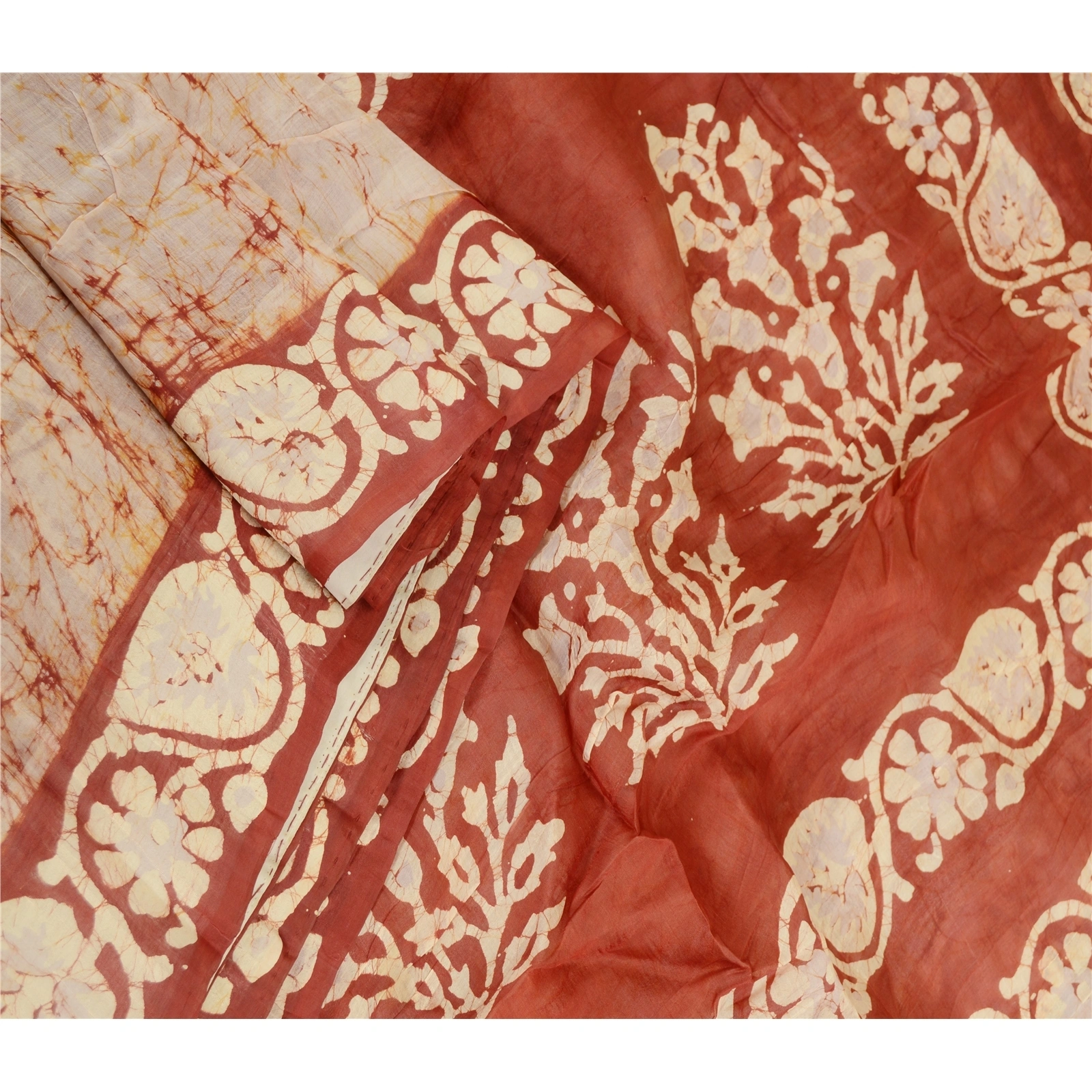 Sanskriti Vintage Sarees From India Batik Printed Cream Pure Silk Sari Fabric, PR-61343-Cream-Printed Floral Design-Pure Silk-1