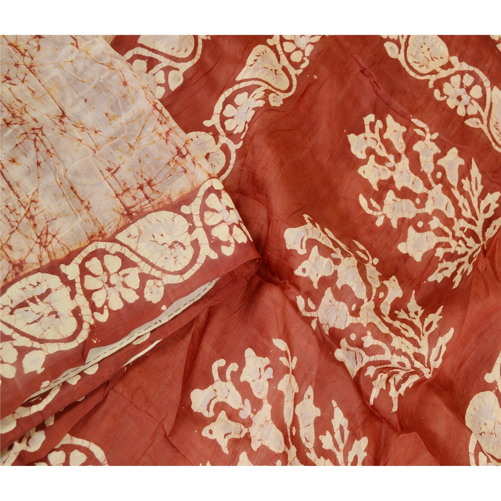 Sanskriti Vintage Sarees From India Batik Printed Cream Pure Silk Sari Fabric, PR-61343-Cream-Printed Floral Design-Pure Silk-2