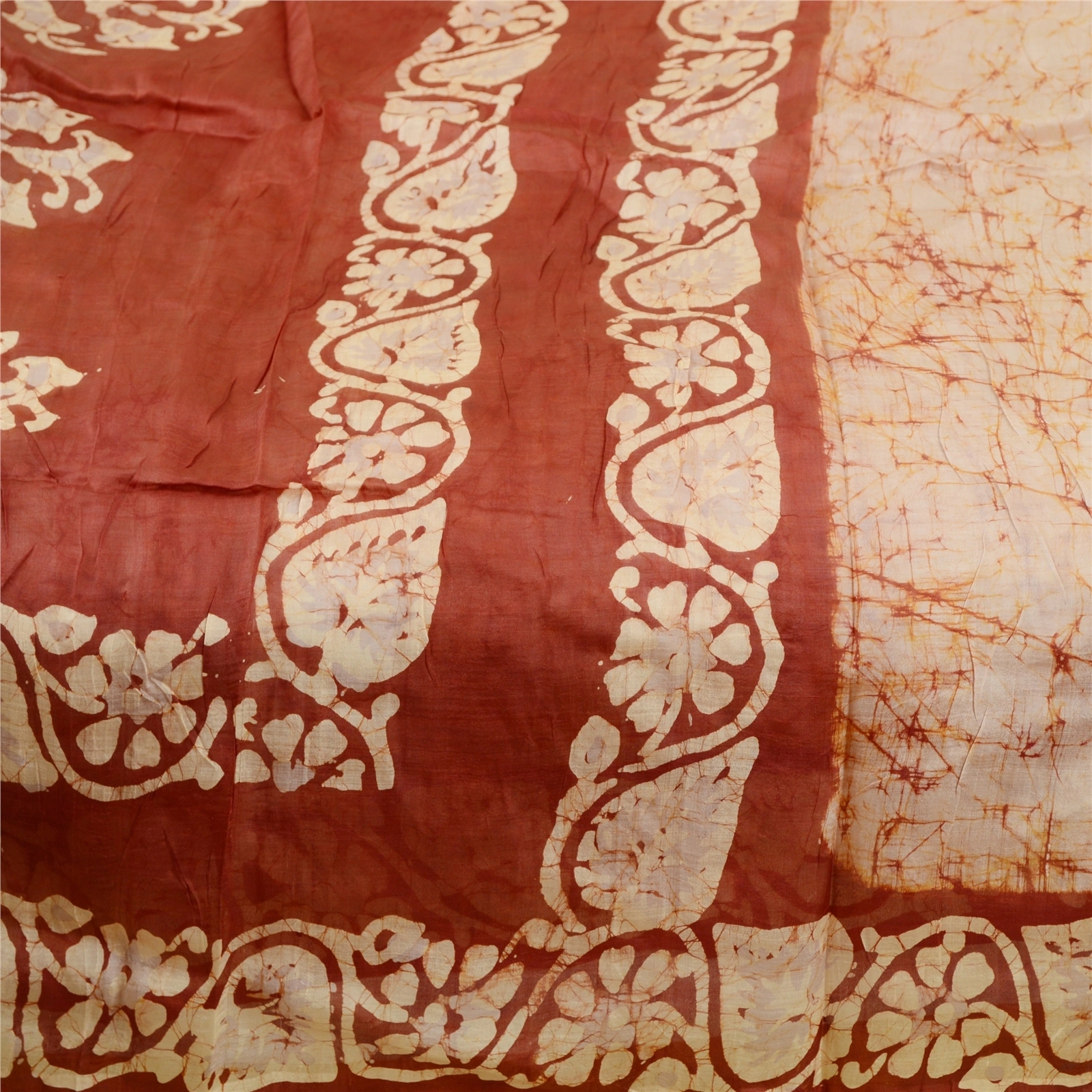 Sanskriti Vintage Sarees From India Batik Printed Cream Pure Silk Sari Fabric, PR-61343-Cream-Printed Floral Design-Pure Silk-3