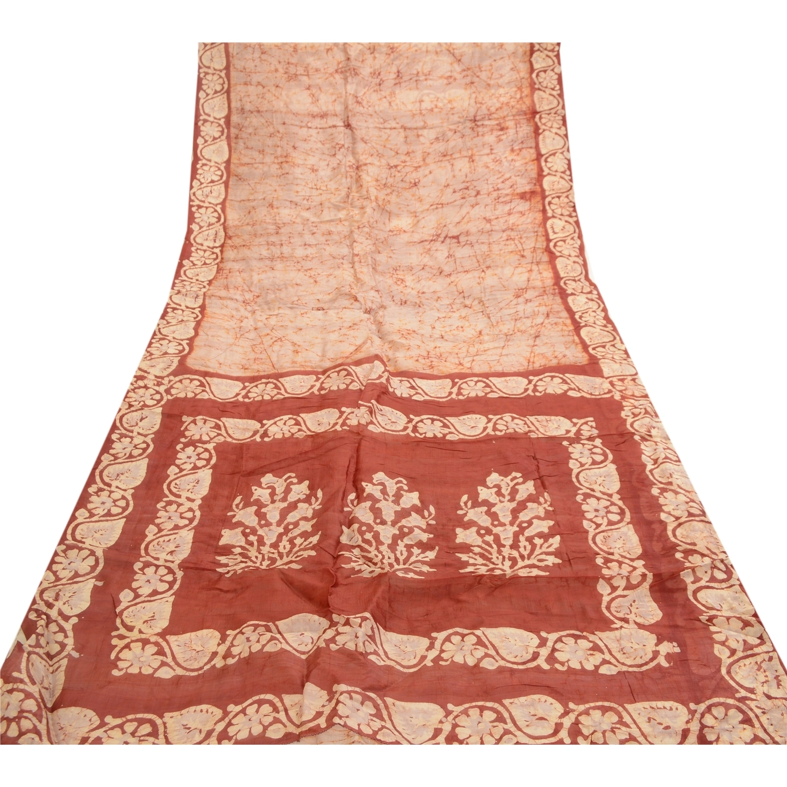 Sanskriti Vintage Sarees From India Batik Printed Cream Pure Silk Sari Fabric, PR-61343-Cream-Printed Floral Design-Pure Silk-7