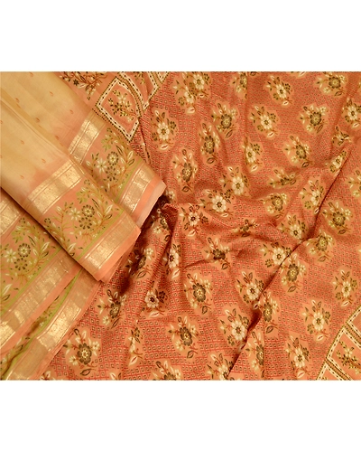 Sanskriti Vintage Sarees Beige Printed Pure Silk Zari Border Sari Craft Fabric, PR-61360-Beige-Printed Floral Design-Pure Silk-1