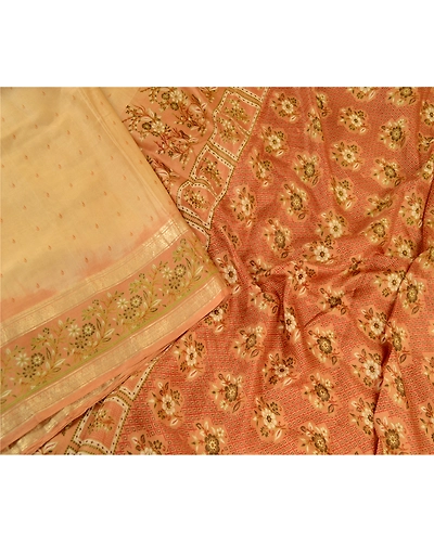 Sanskriti Vintage Sarees Beige Printed Pure Silk Zari Border Sari Craft Fabric, PR-61360-Beige-Printed Floral Design-Pure Silk-2
