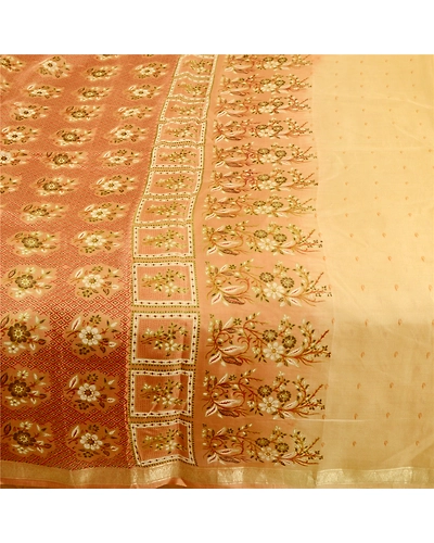 Sanskriti Vintage Sarees Beige Printed Pure Silk Zari Border Sari Craft Fabric, PR-61360-Beige-Printed Floral Design-Pure Silk-3