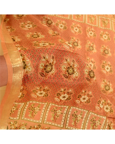 Sanskriti Vintage Sarees Beige Printed Pure Silk Zari Border Sari Craft Fabric, PR-61360-Beige-Printed Floral Design-Pure Silk-5